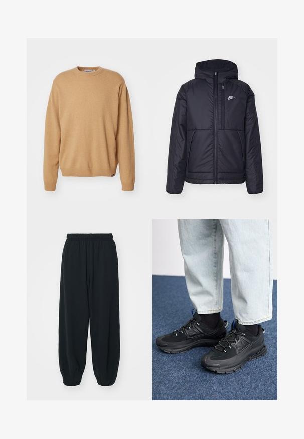 Black, padded Nike jacket with a front zipper and hood. Features a white logo on the left chest and dual front pockets. Smooth exterior texture.; Beige knitted sweater with a crew neckline, long sleeves, and ribbed cuffs and hem. Soft texture with a label detail at the bottom.; Black, elasticated-waist sweatpants with a loose fit, cuffed ankles, smooth texture, and no visible patterns or hardware accents.; Black athletic shoes with textured fabric and rubber soles, featuring elastic laces and a blue accent on the heel. Worn with light denim pants.
