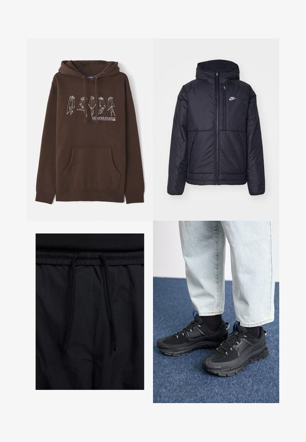 Zwarte, gewatteerde Nike-jas met een voorkant met ritssluiting en capuchon. Kenmerkt zich door een wit logo op de linkerborst en dubbele frontzakken. Gladde buitenkant.; Bruine hoodie met een trekkoordcapuchon, een voorkatoen, en een ontwerp in witte lijntekeningen die figuren weergeven. Bevat het logo "KID SUPER STUDIOS".; Zwarte shorts met een drawstring tailleband, lichtgewicht stof met een zachte textuur en een eenvoudig ontwerp zonder zichtbare logo's of patronen.; Zwarte sportschoenen met gestructureerde stof en rubberen zolen, met elastische veters en een blauwe accent op de hiel. Draag samen met lichte spijkerbroeken.