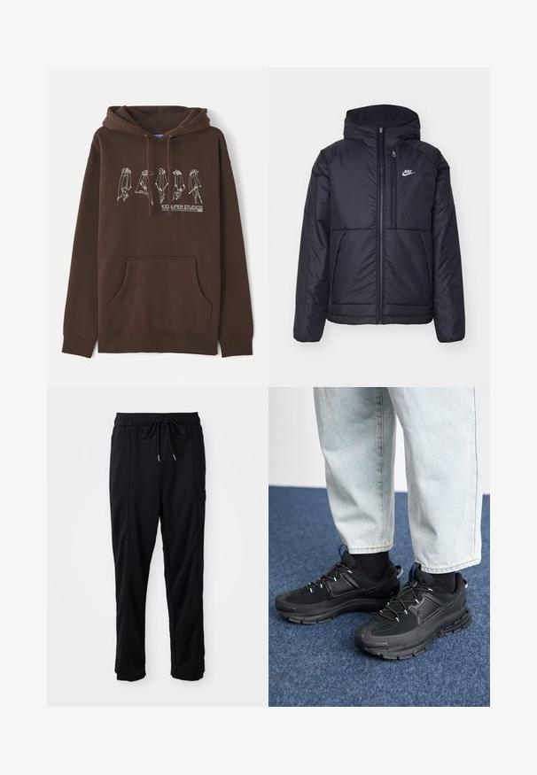 Črna, podložena Nike jakna z sprednjim zadrgo in kapuco. Ima bel logo na levem prsnem delu in dvojna sprednja žepa. Gladka zunanja tekstura.; Rjava kapuca z vrvico, sprednja žepa in belimi linijskimi risbami, ki prikazujejo figure. Vključuje logo "KID SUPER STUDIOS".; Črne casual hlače z vrvico v pasu, s stranskimi žepi in ravnim rezom na enobarvni podlagi.; Črne športne čevlje z teksturirano tkanino in gumijastimi podplati, ki imajo elastične vezalke ter modre poudarke na peti. Nosi se z lahkimi denim hlačami.