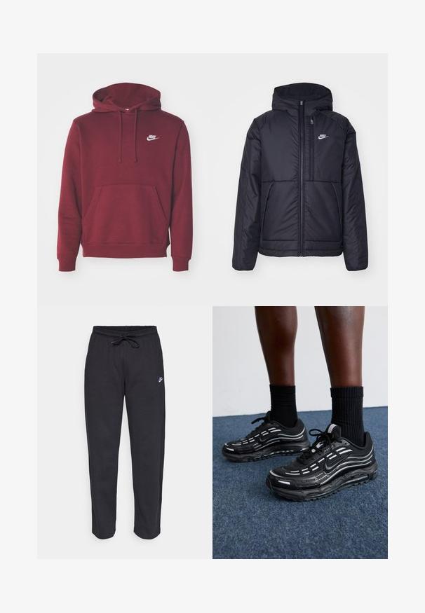 Čierna, polstrovaná bunda Nike so zipsom vpredu a kapucňou. Na ľavej strane hrude sa nachádza biele logo a sú tu dva predné vrecká. Hladký vonkajší povrch.; Nike Sportswear SPORTSWEAR CLUB FLEECE - Mikina - burgundy crush/white; Čierne tepláky vyrobené z mäkkej tkaniny s elastickým pásom, sťahovacou šnúrkou a malým logom Nike na ľavom stehne.; Čierne tenisky Nike majú sieťkový zvršok s akcentovými pruhmi, textúrovaným šnurovaním a čiernu gumovú podrážku. Nosené s čiernymi rebrovanými ponožkami.