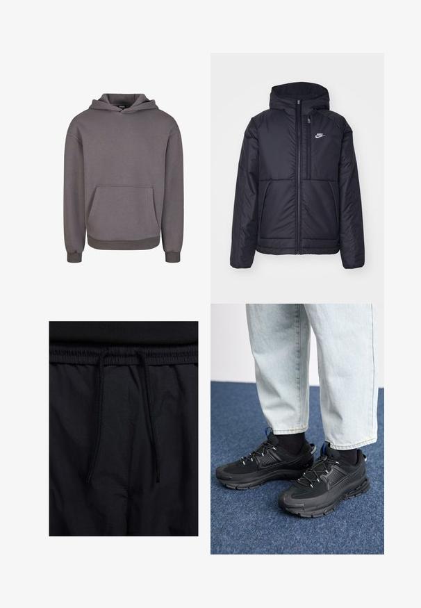 Crna Nike jakna s podstavom, dugmadi sprijeda i kapuljačom. Ima bijeli logotip na lijevoj strani prsnog koša i dva prednja džepa. Glatka vanjska tekstura.; Sivi pamučni dukserica s prednjim džepom, kapuljačom i rebrastim manžetama. Glatka tekstura i opušteni kroj. Minimalistički dizajn bez ukrasa.; Crne kratke hlače s pojasom na vezanje, lagani materijal s glatkom teksturom i jednostavan dizajn bez vidljivih logotipa ili uzoraka.; Crne atletske cipele s teksturiranom tkaninom i gumene potplate, s elastičnim vezicama i plavim akcentom na peti. Nosene su s svijetlim trapericama.
