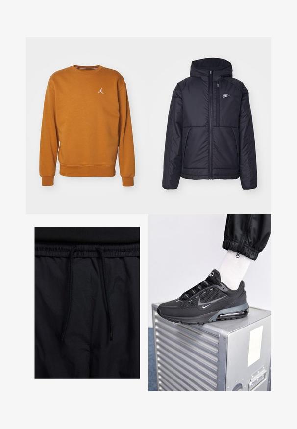 Giacca Nike nera, imbottita, con zip frontale e cappuccio. Presenta un logo bianco sul lato sinistro del petto e doppie tasche frontali. Texture esterna liscia.; Jordan CREW - Felpa - desert bronze/white; Shorts neri con vita regolabile tramite coulisse, tessuto leggero con una texture liscia e un design semplice senza loghi o motivi visibili.; Nike Sportswear PULSE - Sneakers basse - black/anthracite