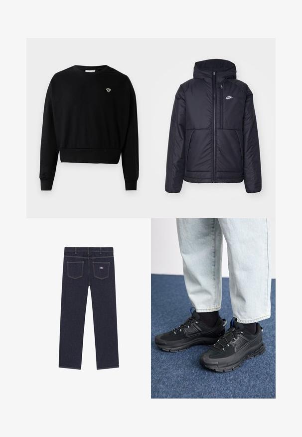 Casaco Nike preto, acolchoado, com fecho à frente e capuz. Apresenta um logo branco no lado esquerdo do peito e dois bolsos frontais. Textura exterior lisa.; Sweatshirt preto cropped com decote redondo, mangas longas e um pequeno logotipo bordado no peito, feito de uma suave mistura de algodão.; Calças de ganga azul-escuras com corte reto, apresentando dois bolsos traseiros e costura amarela em contraste. Etiqueta da marca no bolso direito.; Sapatilhas desportivas pretas com tecido texturizado e solas em borracha, apresentando atacadores elásticos e um detalhe azul no calcanhar. Usadas com calças de ganga claras.