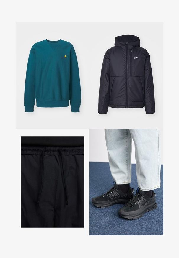 Black, padded Nike jacket with a front zipper and hood. Features a white logo on the left chest and dual front pockets. Smooth exterior texture.; Teal crewneck sweatshirt made of cotton blend fabric. Features ribbed cuffs and hem, with a small embroidered logo on the chest.; Black shorts featuring a drawstring waistband, lightweight fabric with a smooth texture, and a simple design without visible logos or patterns.; Black athletic shoes with textured fabric and rubber soles, featuring elastic laces and a blue accent on the heel. Worn with light denim pants.