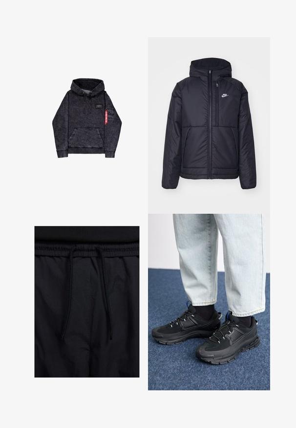 Black, padded Nike jacket with a front zipper and hood. Features a white logo on the left chest and dual front pockets. Smooth exterior texture.; Black melange hoodie with kangaroo pocket, adjustable drawstring hood, logo patch on chest, and side pocket with red tag detail.; Black shorts featuring a drawstring waistband, lightweight fabric with a smooth texture, and a simple design without visible logos or patterns.; Black athletic shoes with textured fabric and rubber soles, featuring elastic laces and a blue accent on the heel. Worn with light denim pants.