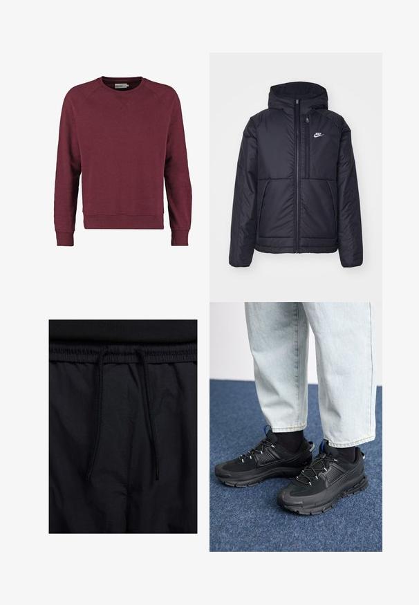 Black, padded Nike jacket with a front zipper and hood. Features a white logo on the left chest and dual front pockets. Smooth exterior texture.; Burgundy sweatshirt with a crew neckline, raglan sleeves, ribbed cuffs and hem, made from a soft cotton blend fabric.; Black shorts featuring a drawstring waistband, lightweight fabric with a smooth texture, and a simple design without visible logos or patterns.; Black athletic shoes with textured fabric and rubber soles, featuring elastic laces and a blue accent on the heel. Worn with light denim pants.