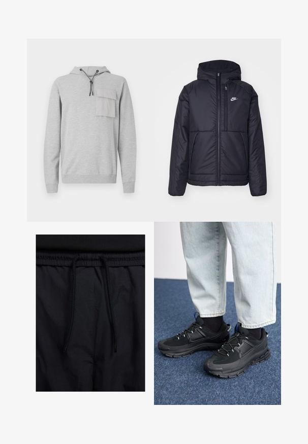 Fekete, párnázott Nike dzseki elülső cipzárral és kapucnival. A bal mellen fehér logó található, valamint két elülső zseb. Simának tűnő külső felület.; Szürke kapucnis pulóver puha anyagból, elülső zsebbel, zsinóros kapucnival, valamint bordás mandzsettákkal és aljjal. Egyszerű és funkcionális dizájn.; Fekete rövidnadrág, húzózsinórral ellátott derékrésszel, könnyű anyagból, sima felszínen, egyszerű dizájnnal, látható logók vagy minták nélkül.; Fekete sportcipők texturált anyaggal és gumitalppal, elasztikus fűzőkkel és kék kiegészítővel a saroknál. Világos farmernadrággal viselve.