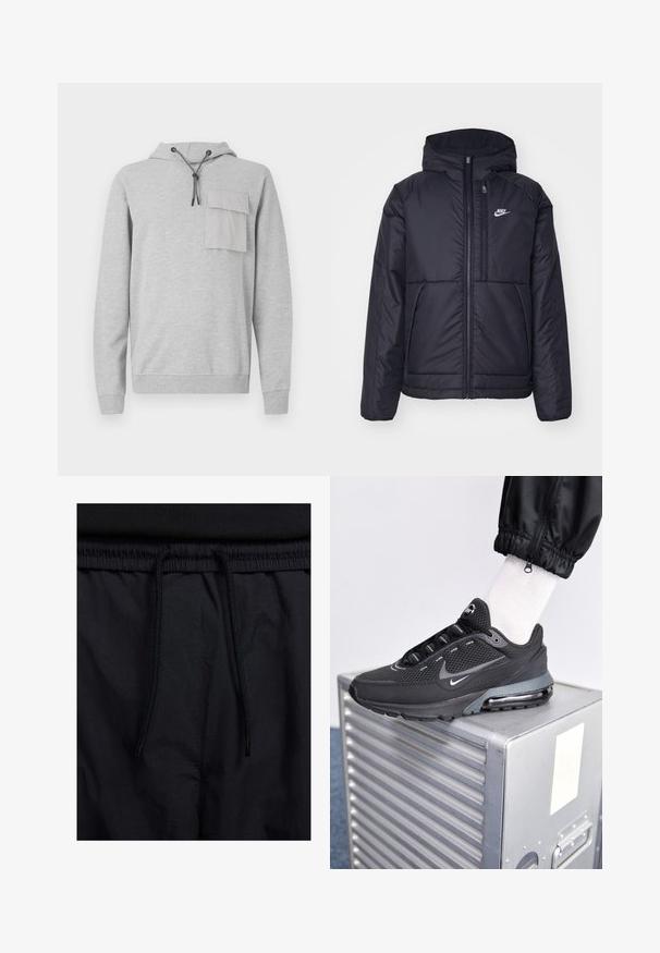 Veste Nike noire rembourrée avec une fermeture éclair sur le devant et une capuche. Elle présente un logo blanc sur la poitrine gauche et deux poches avant. Texture extérieure lisse.; Haut à capuche gris en matériau doux, avec une poche kangourou à l'avant, un cordon de serrage pour la capuche et des poignets et un ourlet côtelés. Design simple et fonctionnel.; Shorts noirs avec un élastique à cordon de serrage, en tissu léger avec une texture lisse, et un design simple sans logos ni motifs visibles.; Nike Sportswear PULSE - Baskets basses - black/anthracite