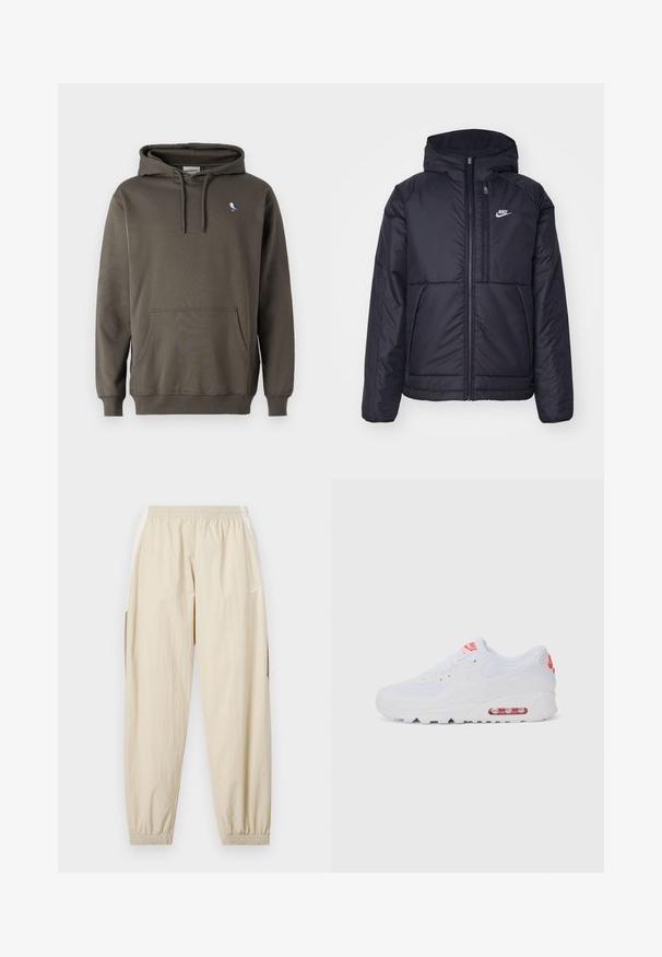 Black, padded Nike jacket with a front zipper and hood. Features a white logo on the left chest and dual front pockets. Smooth exterior texture.; Olive green hooded sweatshirt made of soft cotton. Features a front pocket and a small bird embroidery on the left chest.; Beige lightweight joggers with elastic waistband, cuffed ankles, side pockets, and subtle Nike logo in white on the left thigh.; White athletic sneaker featuring a smooth upper, lace closure, cushioned sole, and a visible air unit with red accents on the branding.