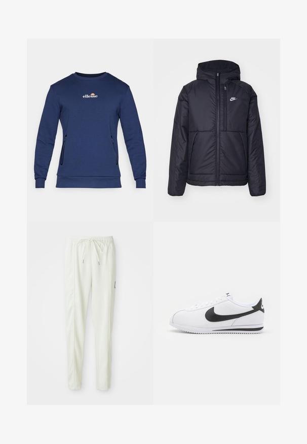 Czarna, pikowana kurtka Nike z przednim zamkiem błyskawicznym i kapturem. Posiada białe logo po lewej stronie klatki piersiowej oraz podwójne kieszenie z przodu. Gładka struktura zewnętrzna.; Granatowy sweatshirt z miękkiego materiału, z okrągłym dekoltem, długimi rękawami, bocznymi kieszeniami na zamek oraz małym logo 'ellesse' na piersiach.; Białe joggerki slim fit z elastycznym paskiem w talii i sznurkiem do regulacji, z bocznymi przeszyciami oraz małą czarną naszywką na prawej nogawce.; Białe skórzane sneakersy z czarnym logo Nike, płaskimi sznurówkami i teksturowaną gumową podeszwą. Zaokrąglony nosek i wyściełany kołnierz dla komfortu.