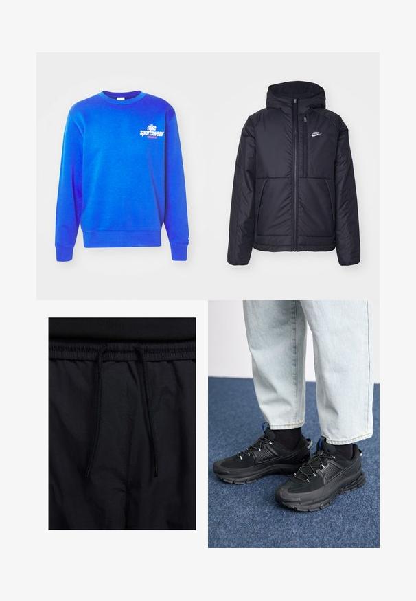Casaco Nike preto, acolchoado, com fecho à frente e capuz. Apresenta um logo branco no lado esquerdo do peito e dois bolsos frontais. Textura exterior lisa.; Sweatshirt azul feito de algodão, com colarinho, punhos e bainha canelados. Logótipo impresso em branco na área do peito esquerdo. Design simples.; Calções pretos com um cós elástico ajustável, fabricados em tecido leve com uma textura suave e um design simples, sem logótipos ou padrões visíveis.; Sapatilhas desportivas pretas com tecido texturizado e solas em borracha, apresentando atacadores elásticos e um detalhe azul no calcanhar. Usadas com calças de ganga claras.
