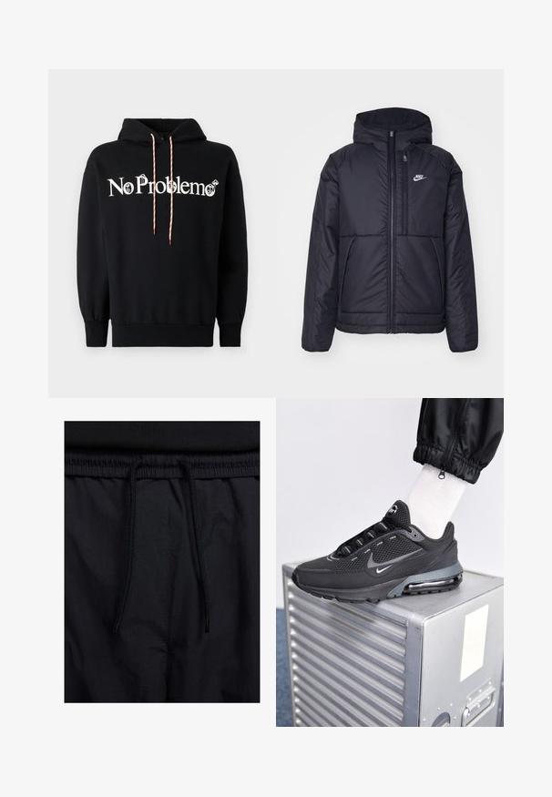Černá zateplená bunda Nike s předním zipem a kapucí. Na levé straně hrudi má bílé logo a dvojité přední kapsy. Hladký povrch.; Černá mikina s kapucí a bílým nápisem "No Problemo". Obsahuje šňůrku na stažení kapuce s červenými a bílými detaily. Vyrobena z měkké tkaniny, volný střih.; Černé šortky s páskem na šňůrku, lehký materiál s hladkou texturou a jednoduchý design bez viditelných log nebo vzorů.; Nike Sportswear PULSE - Tenisky - black/anthracite