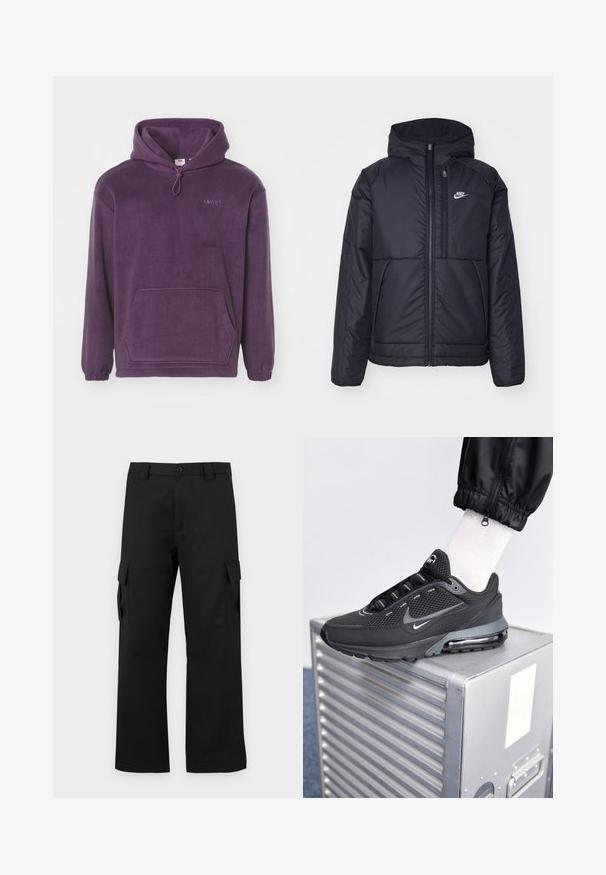 Zwarte, gewatteerde Nike-jas met een voorkant met ritssluiting en capuchon. Kenmerkt zich door een wit logo op de linkerborst en dubbele frontzakken. Gladde buitenkant.; Paarse fleece hoodie met een trekkoord capuchon, voorvak met kangaroo-stijl en geribbelde manchetten. Bevat geborduurde branding op de borst.; Zwarte cargobroek met een recht gesneden ontwerp. Gemaakt van duurzaam materiaal, met twee zijzakken met klep en een knoopsluiting.; Nike Sportswear PULSE - Sneakers laag - black/anthracite