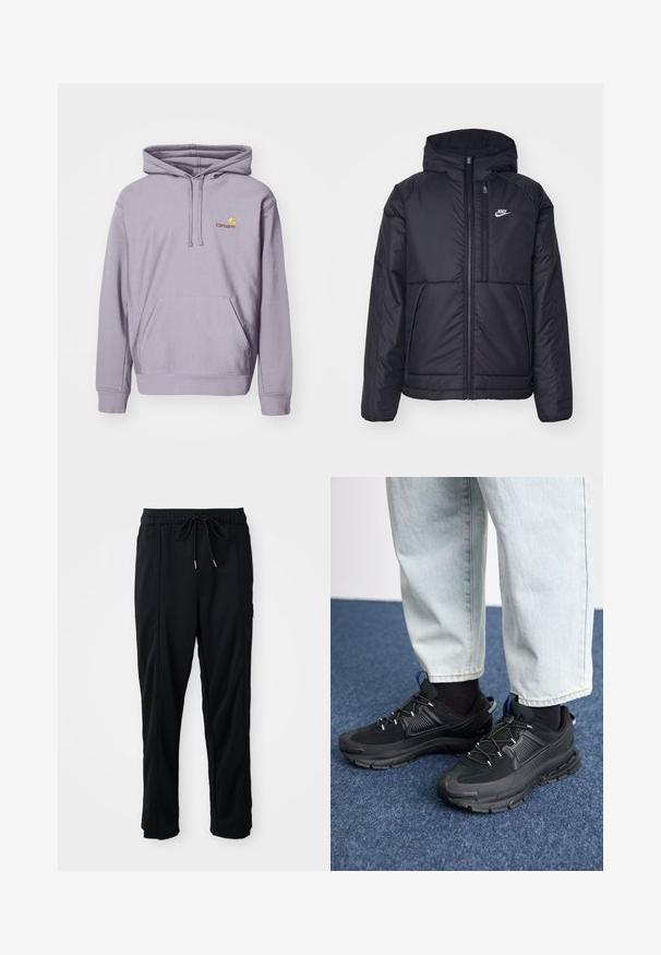 Veste Nike noire rembourrée avec une fermeture éclair sur le devant et une capuche. Elle présente un logo blanc sur la poitrine gauche et deux poches avant. Texture extérieure lisse.; Haut à capuche violet en mélange de coton, avec une poche kangourou centrale, un capuchon à cordon de serrage et un logo brodé sur la poitrine.; Pantalons décontractés noirs à taille à cordon de serrage avec poches latérales et coupe droite sur fond uni.; Des chaussures de sport noires avec un tissu texturé et des semelles en caoutchouc, dotées de lacets élastiques et d'un accent bleu au talon. Portées avec un pantalon en denim clair.