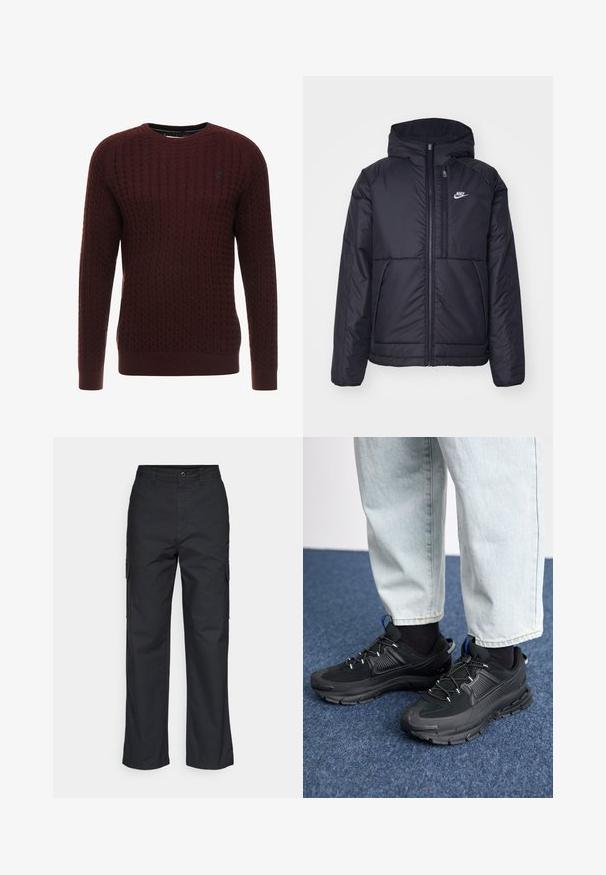 Svart, polstret Nike-jakke med frontglidelås og hette. Har en hvit logo på venstre bryst og doble frontlommer. Glatt ytterside.; Burgunderfarget strikkegenser med strukturert mønster, rund hals og lange ermer. Har ribbede mansjetter og fald. Diskret logo detalj.; Svart cargo-bukser med rett ben-design, har side-lommer og en teksturert stoff. Knapplukking i midjen for en sikker passform.; Svarte sportssko med teksturert stoff og gummisåler, med elastiske lisser og en blå detalj på hælen. Brukt med lyse denimbukser.