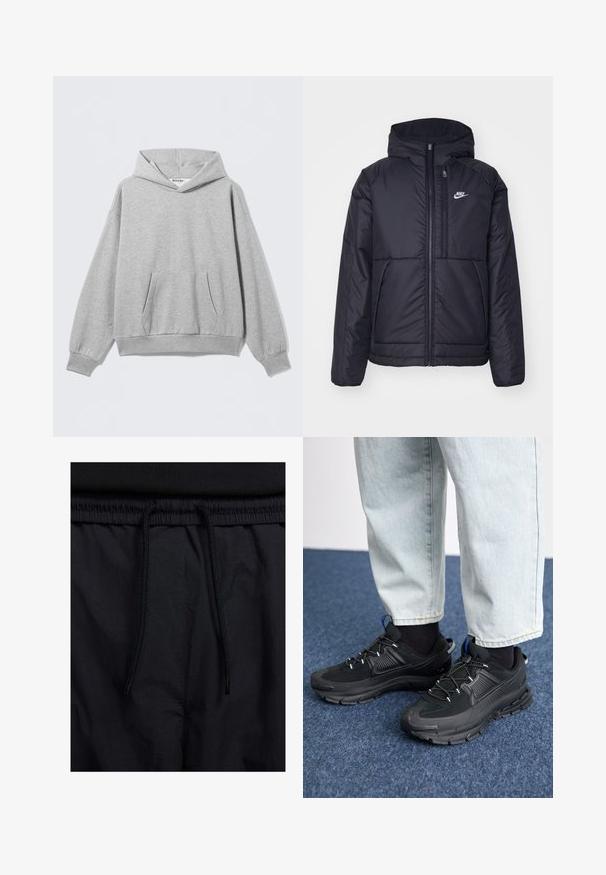Crna Nike jakna s podstavom, dugmadi sprijeda i kapuljačom. Ima bijeli logotip na lijevoj strani prsnog koša i dva prednja džepa. Glatka vanjska tekstura.; Svijetlosiva dukserica s kapuljačom od mekanog materijala, s prednjim džepom, rebrastim manšetama i opuštenim krojem s oznakom na izrezu.; Crne kratke hlače s pojasom na vezanje, lagani materijal s glatkom teksturom i jednostavan dizajn bez vidljivih logotipa ili uzoraka.; Crne atletske cipele s teksturiranom tkaninom i gumene potplate, s elastičnim vezicama i plavim akcentom na peti. Nosene su s svijetlim trapericama.