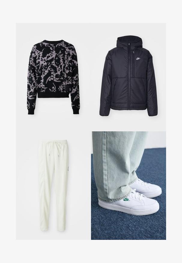 Μαύρο, επενδυμένο μπουφάν Nike με μπροστινό φερμουάρ και κουκούλα. Διαθέτει λευκό λογότυπο στο αριστερό στήθος και διπλές μπροστινές τσέπες. Λείο εξωτερικό υλικό.; Πλεκτό πουλόβερ με μαύρη βάση και μοβ αφηρημένο σχέδιο. Έχει μακριά μανίκια, στρογγυλή λαιμόκοψη και ριμπ φινίρισμα στα μανίκια και στο τελείωμα.; Λευκά εφαρμοστά jogger παντελόνια με ελαστική μέση και κορδόνι, που διαθέτουν πλαινά ραφάκια και μία μικρή μαύρη πατίνα στο δεξί πόδι.; Λευκά δερμάτινα sneakers με πράσινο λογότυπο Nike, στρογγυλή μύτη, επίπεδη σόλα, συνδυασμένα με ανοιχτό μπλε τζην παντελόνι, τοποθετημένα σε μπλε χαλί.
