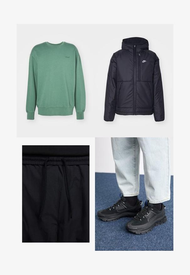 Crna Nike jakna s podstavom, dugmadi sprijeda i kapuljačom. Ima bijeli logotip na lijevoj strani prsnog koša i dva prednja džepa. Glatka vanjska tekstura.; Zelena dukserica dugih rukava, okruglog izreza, rebrastim manžetama i malim crnim logom na prsima. Mekani, teksturirani pamučni materijal.; Crne kratke hlače s pojasom na vezanje, lagani materijal s glatkom teksturom i jednostavan dizajn bez vidljivih logotipa ili uzoraka.; Crne atletske cipele s teksturiranom tkaninom i gumene potplate, s elastičnim vezicama i plavim akcentom na peti. Nosene su s svijetlim trapericama.