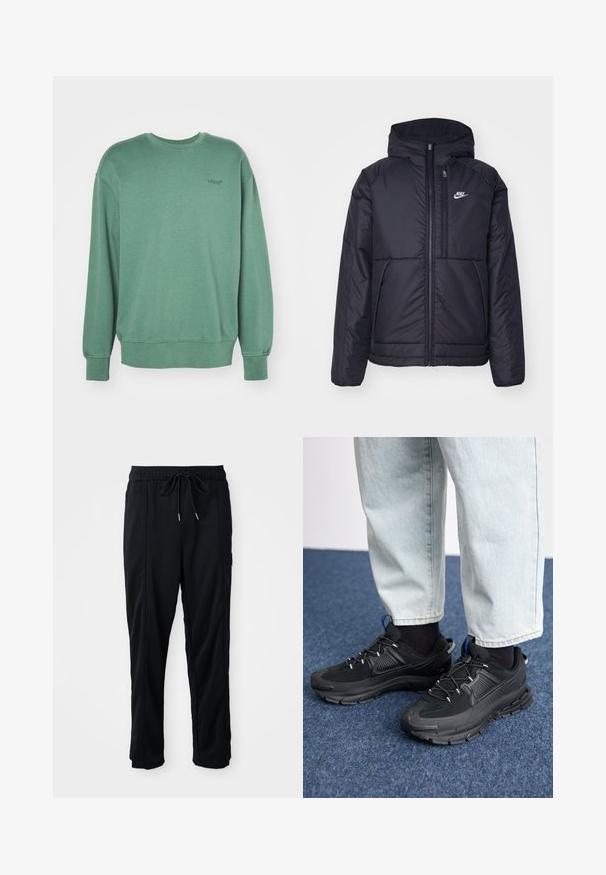Zwarte, gewatteerde Nike-jas met een voorkant met ritssluiting en capuchon. Kenmerkt zich door een wit logo op de linkerborst en dubbele frontzakken. Gladde buitenkant.; Groene sweatshirt met lange mouwen, ronde halslijn, ribgebreide manchetten en een klein zwart logo op de borst. Zacht, textuur katoenmateriaal.; Zwarte casual broek met koord in de taille, met zijzakken en rechte pijpen op een effen achtergrond.; Zwarte sportschoenen met gestructureerde stof en rubberen zolen, met elastische veters en een blauwe accent op de hiel. Draag samen met lichte spijkerbroeken.