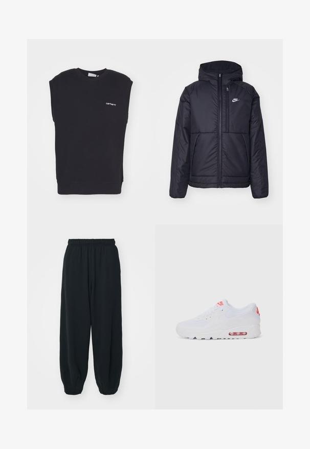 Čierna, polstrovaná bunda Nike so zipsom vpredu a kapucňou. Na ľavej strane hrude sa nachádza biele logo a sú tu dva predné vrecká. Hladký vonkajší povrch.; Čierny bezrukávový sveter s výstrihom do V, s malým bielym logom na ľavej strane a hladkou štruktúrou.; Čierne tepláky s elastickým pásom, vo voľnom strihu, s manžetami na členkoch, hladkej textúry a bez viditeľných vzorov alebo kovových doplnkov.; Biele športové tenisky s hladkým zvrškom, šnurovaním, polstrovanou podrážkou a viditeľnou vzduchovou jednotkou s červenými akcentmi na značení.