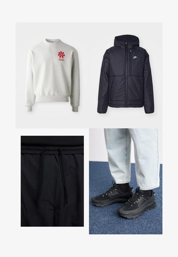 Svart, polstret Nike-jakke med frontglidelås og hette. Har en hvit logo på venstre bryst og doble frontlommer. Glatt ytterside.; Lys grå hettegenser med ribbestrikkede mansjetter og nederkant. Har en rød grafisk logo på venstre brystområde. Laget av myk stoff.; Sorte shorts med snor i livet, lett stoff med en jevn tekstur, og et enkelt design uten synlige logoer eller mønstre.; Svarte sportssko med teksturert stoff og gummisåler, med elastiske lisser og en blå detalj på hælen. Brukt med lyse denimbukser.