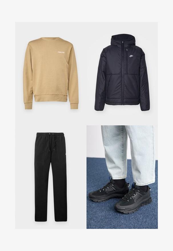 Veste Nike noire rembourrée avec une fermeture éclair sur le devant et une capuche. Elle présente un logo blanc sur la poitrine gauche et deux poches avant. Texture extérieure lisse.; Sweatshirt beige avec col rond et poignets côtelés, arborant un discret texte "Club1990" en blanc sur la zone du côté gauche de la poitrine. Texturé lisse.; Pantalons de survêtement noirs en polaire, dotés d'une taille élastique avec cordons de serrage, de deux poches avant et d'un petit logo sur la cuisse.; Des chaussures de sport noires avec un tissu texturé et des semelles en caoutchouc, dotées de lacets élastiques et d'un accent bleu au talon. Portées avec un pantalon en denim clair.