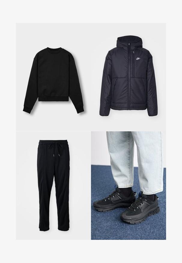 Black, padded Nike jacket with a front zipper and hood. Features a white logo on the left chest and dual front pockets. Smooth exterior texture.; Black cropped sweatshirt with long sleeves, round neckline, and ribbed cuffs. Features a soft fabric texture and minimalistic design.; Black drawstring waist casual pants with side seam pockets and straight leg cut on a plain background.; Black athletic shoes with textured fabric and rubber soles, featuring elastic laces and a blue accent on the heel. Worn with light denim pants.