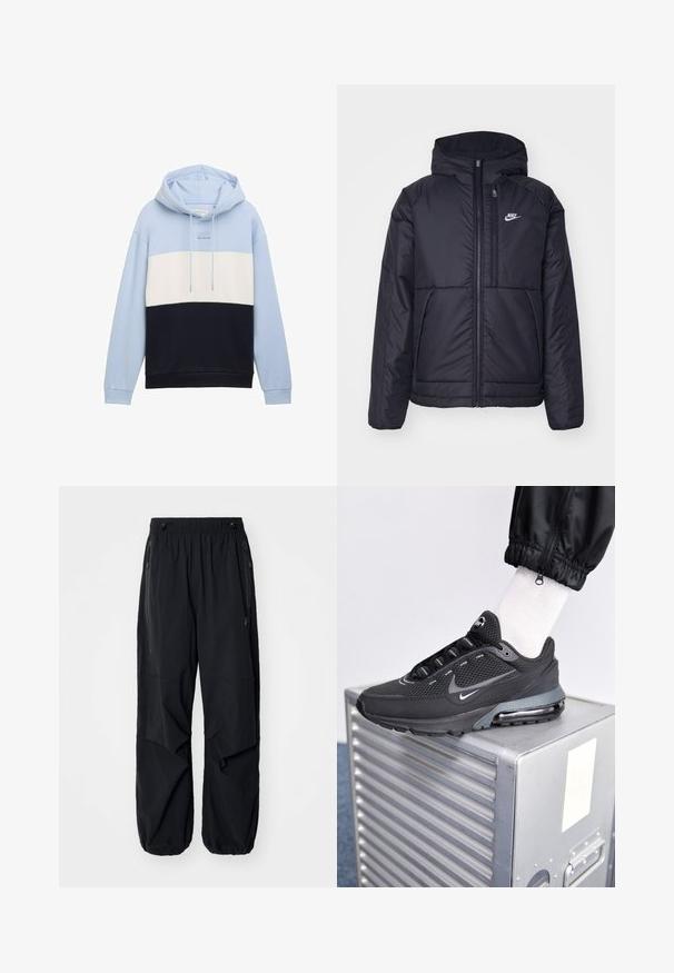 Czarna, pikowana kurtka Nike z przednim zamkiem błyskawicznym i kapturem. Posiada białe logo po lewej stronie klatki piersiowej oraz podwójne kieszenie z przodu. Gładka struktura zewnętrzna.; Jasnoniebieska bluza z kapturem z białymi i czarnymi poziomymi paskami, z przodu sznurki oraz małe logo "Denim Tom Tailor" na klatce piersiowej.; Czarne, lekkie spodnie cargo z elastycznym pasem, bocznymi zamkami błyskawicznymi i pojemnymi kieszeniami. Charakteryzują się luźnym krojem i zwężanymi mankietami.; Nike Sportswear PULSE czarny