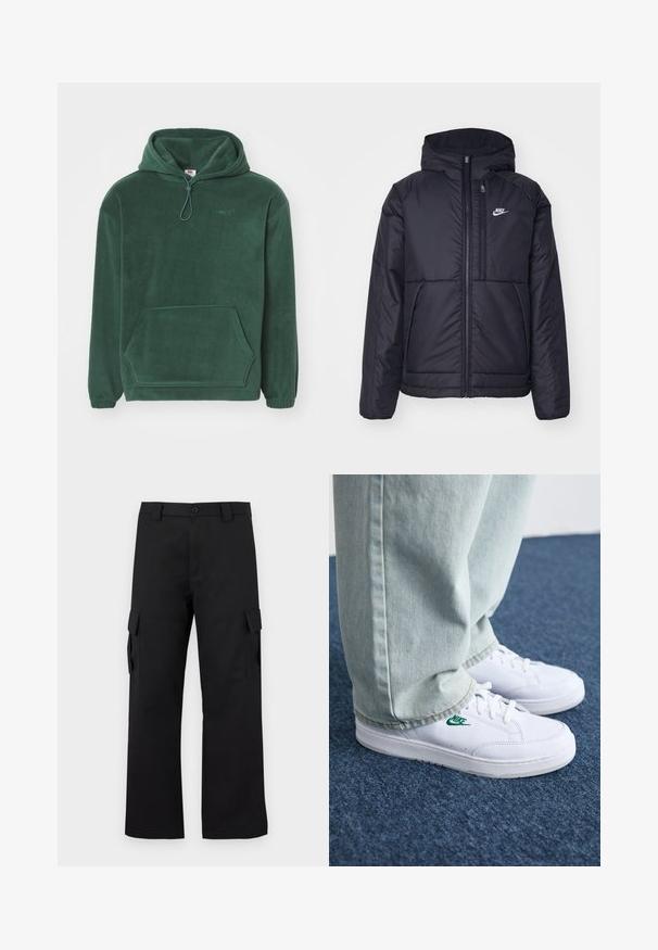 Juodas, paminkštintas Nike džemperis su priekyje užtrauktuku ir gobtuvu. Pasižymi balta logo kairėje krūtinės pusėje ir dviem priekinėmis kišenėmis. Su lygiu išoriniu paviršiumi.; Tamsiai žalia flisinė palaidinė su kengūros kišene, elastingomis rankogaliais, reguliuojamu užtrauktuku ant kapo ir siuvinėtu logotipu ant krūtinės.; Juodi cargo kelnės su tiesiu kojų dizainu. Pagamintos iš tvirto audinio, turi dvi šonines kišenes su užsegamais dangteliais ir mygtukų užtrauktuką.; Balti odiniai sportbačiai su žaliu Nike logotipu, apvalia nosimi, plokščiu padu, derinami su šviesiai mėlynomis džinsinėmis kelnėmis, rodomi ant mėlynos kiliminės dangos.