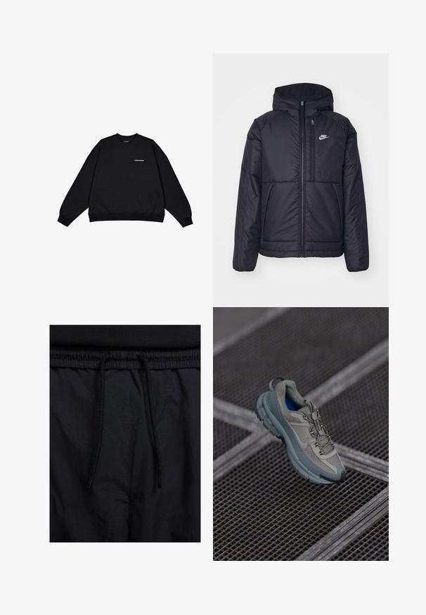 Μαύρο, επενδυμένο μπουφάν Nike με μπροστινό φερμουάρ και κουκούλα. Διαθέτει λευκό λογότυπο στο αριστερό στήθος και διπλές μπροστινές τσέπες. Λείο εξωτερικό υλικό.; Μαύρη φόρμα από βαμβάκι, με ριγωτό λαιμόκομμα και μανσέτες, και μίνιμουμ λευκό λογότυπο στην αριστερή πλευρά του μπροστινού μέρους.; Μαύρο σορτσάκι με ζωνάκι που ρυθμίζεται, ελαφρύ ύφασμα με απλή υφή και απλό σχέδιο χωρίς ορατά λογότυπα ή μοτίβα.; Πετρόλ και γκρι αθλητικό παπούτσι με υφασμάτινη επένδυση, στρογγυλή μύτη και καουτσουκέιν σόλα, διαθέτοντας κορδόνια και μαξιλαρωμένη περιφέρεια.