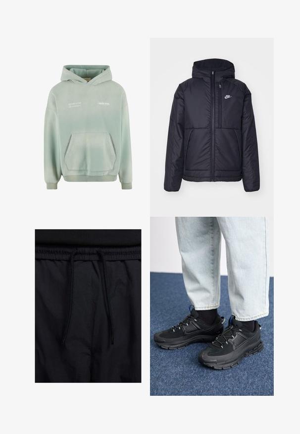 Giacca Nike nera, imbottita, con zip frontale e cappuccio. Presenta un logo bianco sul lato sinistro del petto e doppie tasche frontali. Texture esterna liscia.; Felpa con cappuccio verde chiaro, con tasca a marsupio, polsini e orlo a costine. Presenta un testo stampato in bianco sulla parte frontale e una finitura morbida e texturizzata.; Shorts neri con vita regolabile tramite coulisse, tessuto leggero con una texture liscia e un design semplice senza loghi o motivi visibili.; Scarpe sportive nere con tessuto testurizzato e suole in gomma, dotate di lacci elastici e un accento blu sul tallone. Indossate con pantaloni in denim chiaro.