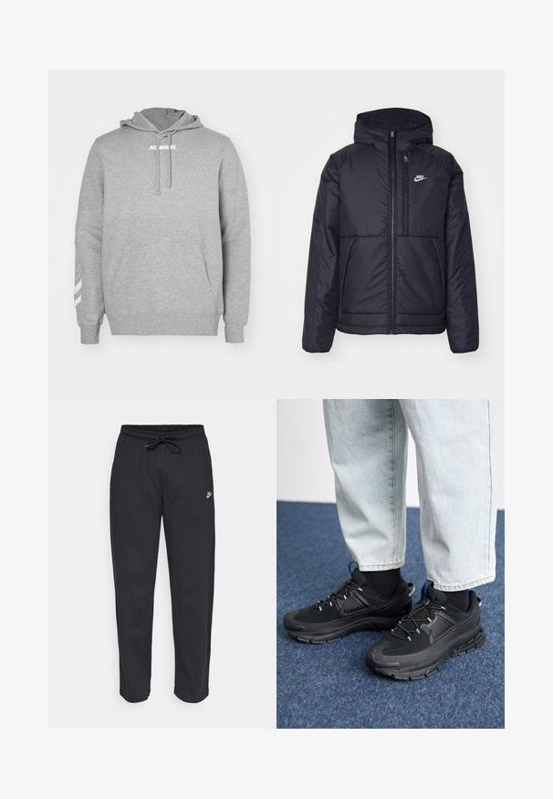 Giacca Nike nera, imbottita, con zip frontale e cappuccio. Presenta un logo bianco sul lato sinistro del petto e doppie tasche frontali. Texture esterna liscia.; Felpa grigia con tasca frontale, cappuccio con cordino e logo bianco sul petto. Presenta strisce bianche sulla manica destra.; Pantaloni della tuta neri realizzati in tessuto morbido con vita elastica, coulisse e un piccolo logo Nike sulla coscia sinistra.; Scarpe sportive nere con tessuto testurizzato e suole in gomma, dotate di lacci elastici e un accento blu sul tallone. Indossate con pantaloni in denim chiaro.