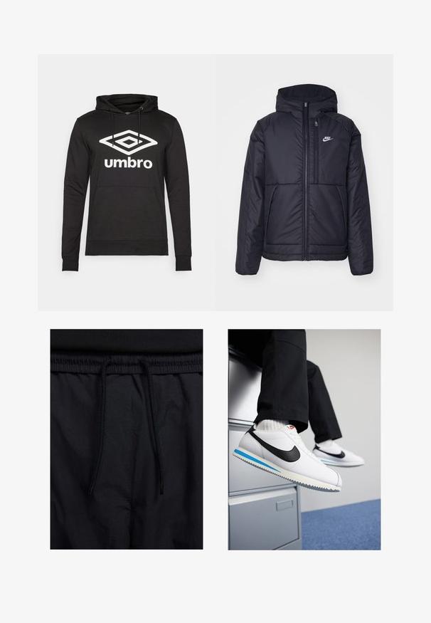 Čierna, polstrovaná bunda Nike so zipsom vpredu a kapucňou. Na ľavej strane hrude sa nachádza biele logo a sú tu dva predné vrecká. Hladký vonkajší povrch.; Čierna mikina s kapucňou, predným vreckom a šnúrkami, so veľkým bielym diamantom a textom "umbro" na hrudi. Hladká textúra látky.; Čierne šortky s pásom na stiahnutie, z ľahkej látky s hladkou textúrou a jednoduchým dizajnom bez viditeľných log alebo vzorov.; Biele kožené tenisky s čiernym logom Nike, svetlomodrou a šedou gumovou podrážkou a klasickým šnurovacím dizajnom. Nohy položené na fileciante.