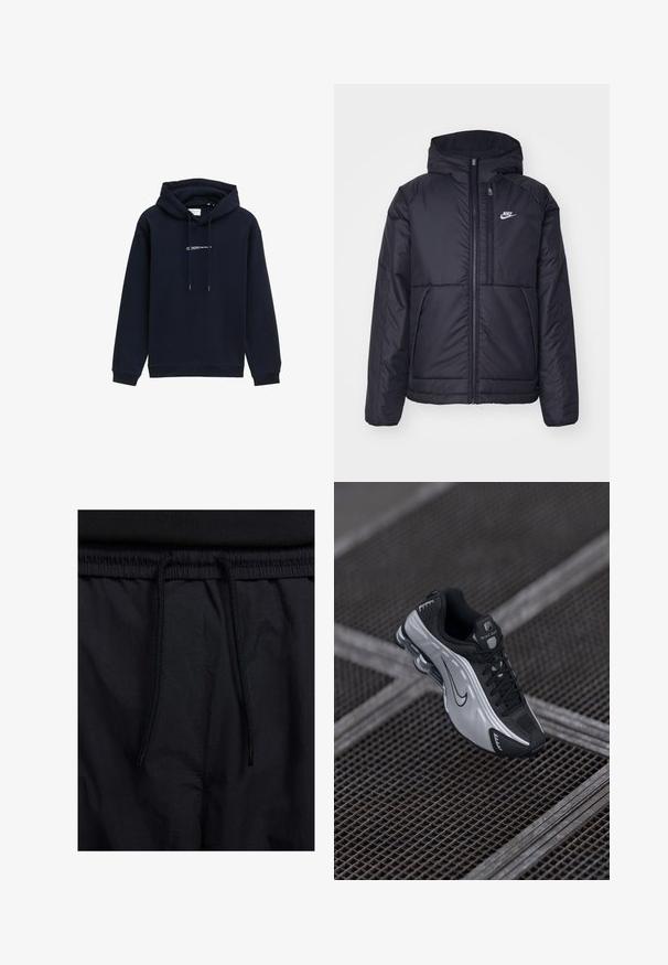 Crna Nike jakna s podstavom, dugmadi sprijeda i kapuljačom. Ima bijeli logotip na lijevoj strani prsnog koša i dva prednja džepa. Glatka vanjska tekstura.; Mornariće plava dukserica od mekanog materijala, s kapuljačom na vezanje, rebrastim rukavima i otisnutim logotipom preko grudi.; Crne kratke hlače s pojasom na vezanje, lagani materijal s glatkom teksturom i jednostavan dizajn bez vidljivih logotipa ili uzoraka.; Nike atletska cipela s crno-srebrnim dizajnom. Izrađena je od sintetičkog materijala s mrežastim naglascima i potporom kroz soles s vidljivim zračnim jastučićima.