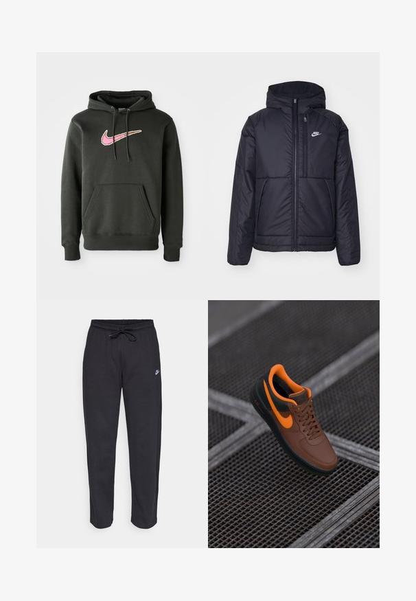 Schwarze, gepolsterte Nike-Jacke mit Frontreißverschluss und Kapuze. Hat ein weißes Logo auf der linken Brust und zwei Fronttaschen. Glattes äußeres Material.; Dunkelgrauer Hoodie aus Baumwollmischung, mit einem großen pinken und braunen Nike-Logo auf der Brust, einer Fronttasche und einer Kordelzugkapuze.; Schwarze Sweatpants aus weichem Stoff mit elastischem Bund, Kordelzug und kleinem Nike-Logo auf dem linken Oberschenkel.; Braune Ledersneaker mit orangefarbenen Akzenten, runder Zehenpartie, Schnürdesign und strukturiertem Obermaterial. Grüne Gummisohle mit sichtbarem "AIR"-Branding.