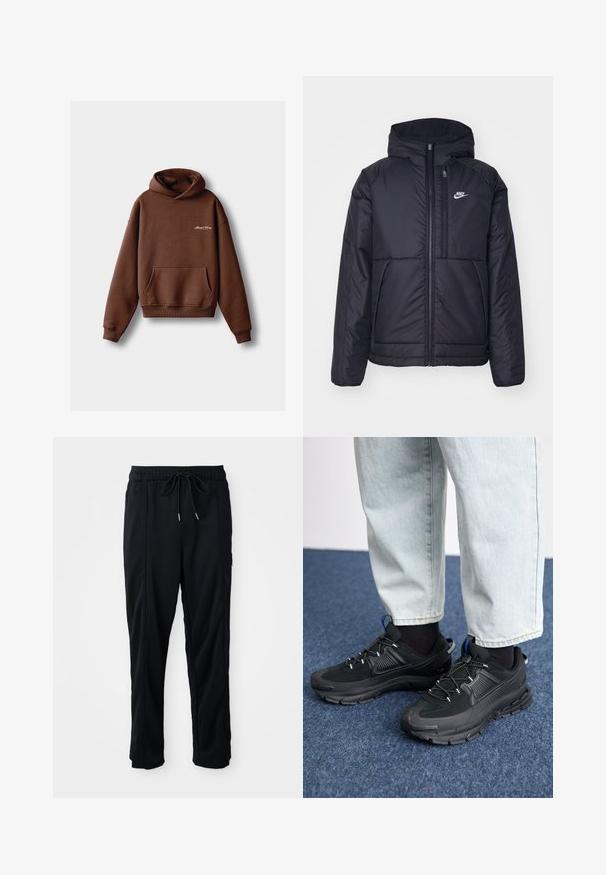 Melna, pufota Nike jaka ar priekšējo rāvējslēdzēju un kapuci. Iezīmēta ar baltu logotipu uz kreisās krūtis un divām priekšējām kabatām. Gluda ārējā tekstūra.; Brūna kapuce, kas izgatavota no mīksta auduma, ar priekšējo kabatu, ribinātām piedurknēm un kapuci ar aukliņu. Satur baltus izšuvumus ar zīmolu.; Melnas bikses ar aukliņu jostas vietā, ar sānu kabatām un taisnu kāju griezumu uz vienkrāsaina fona.; Melni sporta apavi ar strukturētu audumu un gumijas zoli, ar elastīgām auklām un zilu akcentu uz papēža. Nēsāti ar gaišām džinsu biksēm.