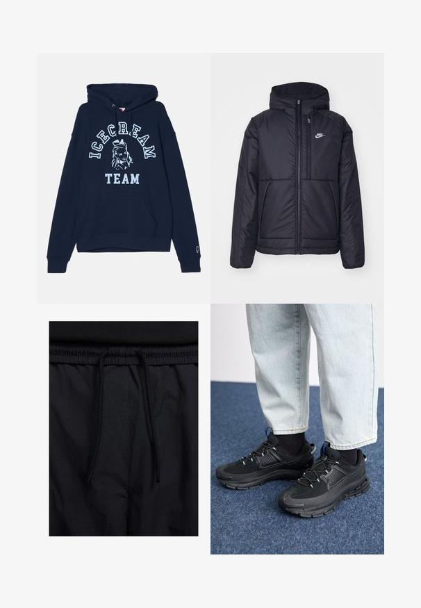 Giacca Nike nera, imbottita, con zip frontale e cappuccio. Presenta un logo bianco sul lato sinistro del petto e doppie tasche frontali. Texture esterna liscia.; Felpa navy con tasca frontale a marsupio, presenta il testo "ICECREAM TEAM" e un design grafico di un personaggio in azzurro chiaro, con cordini.; Shorts neri con vita regolabile tramite coulisse, tessuto leggero con una texture liscia e un design semplice senza loghi o motivi visibili.; Scarpe sportive nere con tessuto testurizzato e suole in gomma, dotate di lacci elastici e un accento blu sul tallone. Indossate con pantaloni in denim chiaro.
