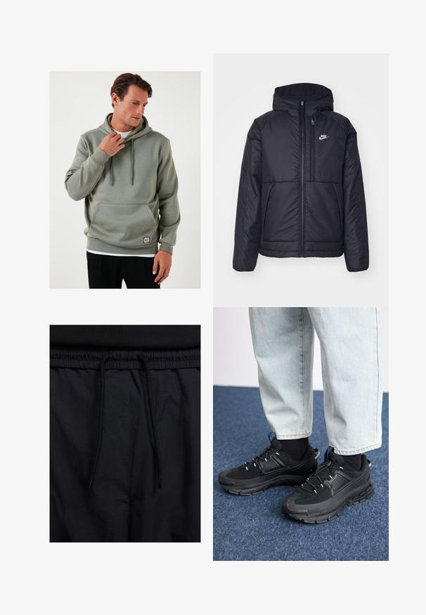 Svart, vadderad Nike-jacka med dragkedja framtill och huva. Har en vit logotyp på vänster bröst och dubbla framfickor. Slät yttextur.; Ljusgrön hoodie med en känguruficka, snoddar, ribbade muddar och en liten logotypapplikation i närheten av fållen. Slät textur, avslappnad design.; Svarta shorts med dragsko i midjan, lättviktig tyg med en slät yta och en enkel design utan synliga logotyper eller mönster.; Svarta sportskor med texturerat tyg och gummisulor, med elastiska snörningar och en blå detalj på hälen. Bärs med ljusa jeans.