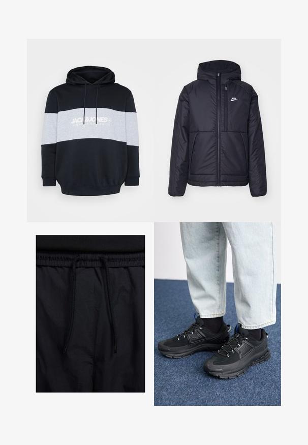 Giacca Nike nera, imbottita, con zip frontale e cappuccio. Presenta un logo bianco sul lato sinistro del petto e doppie tasche frontali. Texture esterna liscia.; Felpa con cappuccio caratterizzata da un corpo nero, una striscia orizzontale grigia e un logo in testo bianco. Realizzata in morbido misto cotone con polsini e orlo a coste.; Shorts neri con vita regolabile tramite coulisse, tessuto leggero con una texture liscia e un design semplice senza loghi o motivi visibili.; Scarpe sportive nere con tessuto testurizzato e suole in gomma, dotate di lacci elastici e un accento blu sul tallone. Indossate con pantaloni in denim chiaro.