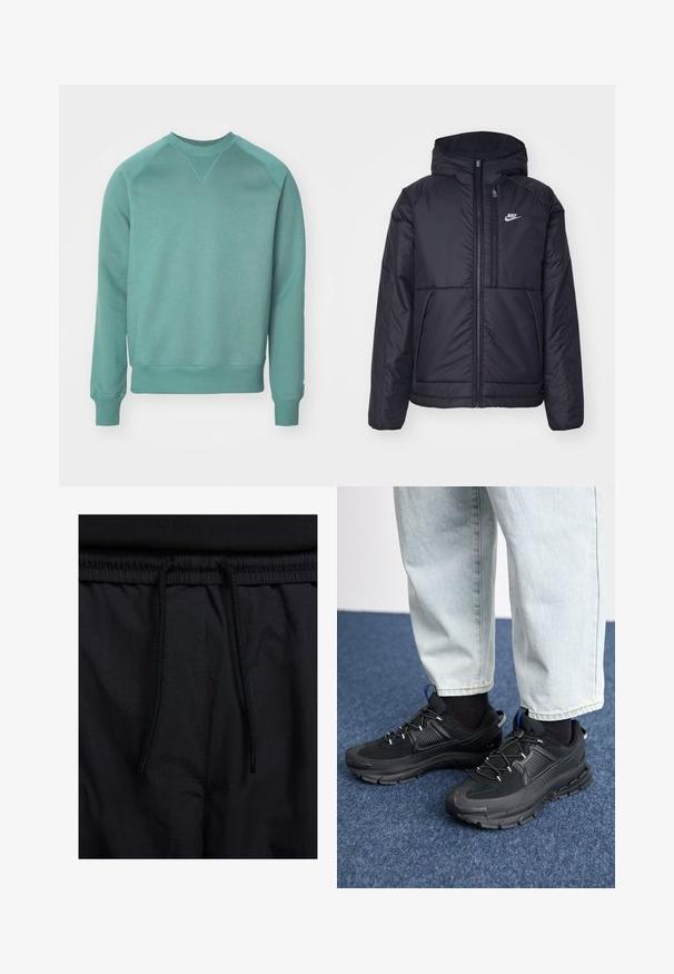 Black, padded Nike jacket with a front zipper and hood. Features a white logo on the left chest and dual front pockets. Smooth exterior texture.; Teal sweatshirt with a crew neck, raglan sleeves, ribbed cuffs, and hem; made from soft fabric with a smooth texture.; Black shorts featuring a drawstring waistband, lightweight fabric with a smooth texture, and a simple design without visible logos or patterns.; Black athletic shoes with textured fabric and rubber soles, featuring elastic laces and a blue accent on the heel. Worn with light denim pants.