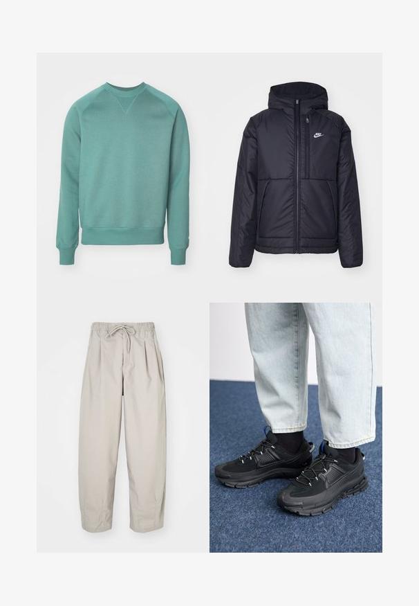 Svart, vadderad Nike-jacka med dragkedja framtill och huva. Har en vit logotyp på vänster bröst och dubbla framfickor. Slät yttextur.; Tealfärgad sweatshirt med rund halsringning, raglanärmar, ribbade mudd och nederkant; tillverkad av mjukt tyg med en slät yta.; Beiga, lätta byxor med elastisk midja och dragsko. Funktioner veck och en lös passform, tillverkade av ett mjukt, slätt material.; Svarta sportskor med texturerat tyg och gummisulor, med elastiska snörningar och en blå detalj på hälen. Bärs med ljusa jeans.