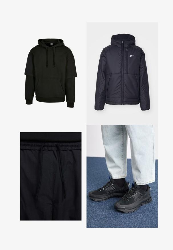 Črna, podložena Nike jakna z sprednjim zadrgo in kapuco. Ima bel logo na levem prsnem delu in dvojna sprednja žepa. Gladka zunanja tekstura.; Črna kapuca z kengurujskim žepom, kapuco s vrvico in kratkimi rokavi z podaljšanimi oblikovalskimi elementi. Narejena iz mehke, strukturirane tkanine.; Črne kratke hlače z vrvico v pasu, lahkotna tkanina z gladko teksturo in preprosto zasnovo brez vidnih logotipov ali vzorcev.; Črne športne čevlje z teksturirano tkanino in gumijastimi podplati, ki imajo elastične vezalke ter modre poudarke na peti. Nosi se z lahkimi denim hlačami.