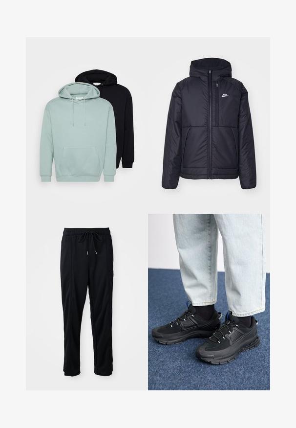 Čierna, polstrovaná bunda Nike so zipsom vpredu a kapucňou. Na ľavej strane hrude sa nachádza biele logo a sú tu dva predné vrecká. Hladký vonkajší povrch.; Sada dvoch mikín: jedna svetlá mätovo zelená, druhá čierna. Obe majú nastaviteľné šnúrky, predné vrecko a zúžené manžety a lem.; Čierne voľné nohavice na gumičku v páse s bočnými vreckami a rovnými nohavicami na jednoduchom pozadí.; Čierne športové topánky s textúrovanou tkaninou a gumovou podrážkou, so elastickými šnúrkami a modrým akcentom na päte. Nosia sa s svetlými riflami.