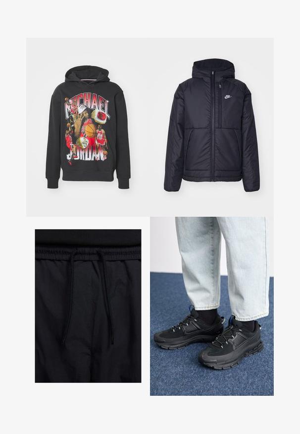 Giacca Nike nera, imbottita, con zip frontale e cappuccio. Presenta un logo bianco sul lato sinistro del petto e doppie tasche frontali. Texture esterna liscia.; Felpa nera con cappuccio e stampa grafica di un giocatore di basket. Caratterizzata da un bold "Michael Jordan" e da vivaci immagini sportive in rosso e giallo.; Shorts neri con vita regolabile tramite coulisse, tessuto leggero con una texture liscia e un design semplice senza loghi o motivi visibili.; Scarpe sportive nere con tessuto testurizzato e suole in gomma, dotate di lacci elastici e un accento blu sul tallone. Indossate con pantaloni in denim chiaro.
