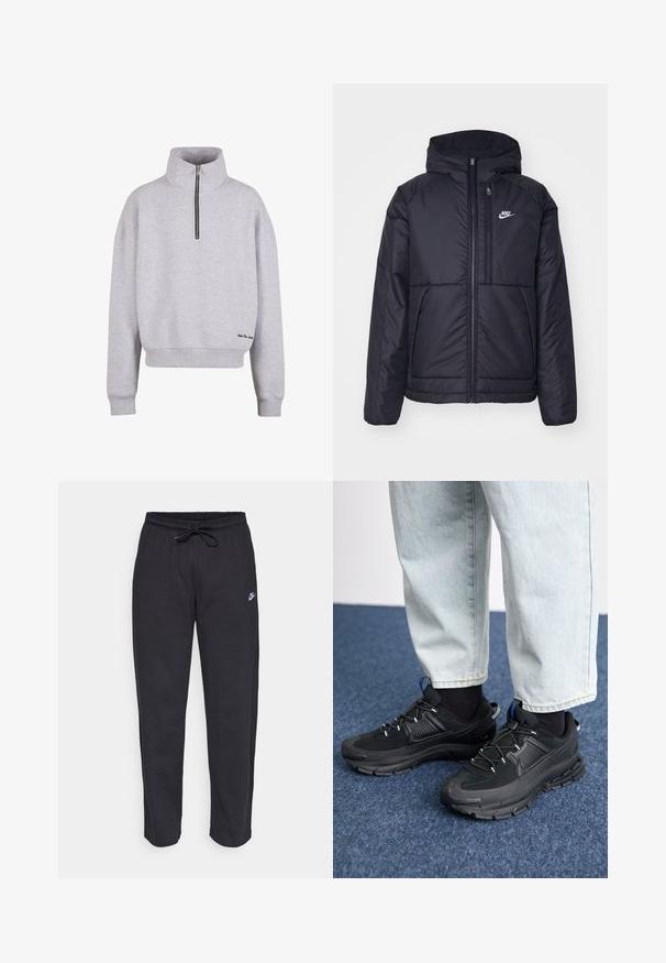 Čierna, polstrovaná bunda Nike so zipsom vpredu a kapucňou. Na ľavej strane hrude sa nachádza biele logo a sú tu dva predné vrecká. Hladký vonkajší povrch.; Svetlošedý sveter s vysokým golierom, štvrť-zipsom a rebrovanými manžetami. Obsahuje malý čierny vyšívaný akcent blízko lemu.; Čierne tepláky vyrobené z mäkkej tkaniny s elastickým pásom, sťahovacou šnúrkou a malým logom Nike na ľavom stehne.; Čierne športové topánky s textúrovanou tkaninou a gumovou podrážkou, so elastickými šnúrkami a modrým akcentom na päte. Nosia sa s svetlými riflami.