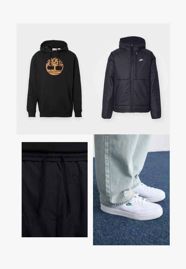 Black, padded Nike jacket with a front zipper and hood. Features a white logo on the left chest and dual front pockets. Smooth exterior texture.; Black hoodie made of cotton, featuring a large brown tree logo on the front, a front pocket, and drawstring hood. Smooth texture.; Black shorts featuring a drawstring waistband, lightweight fabric with a smooth texture, and a simple design without visible logos or patterns.; White leather sneakers with green Nike logo, round toe, flat sole, paired with light blue denim pants, shown on a blue carpet.