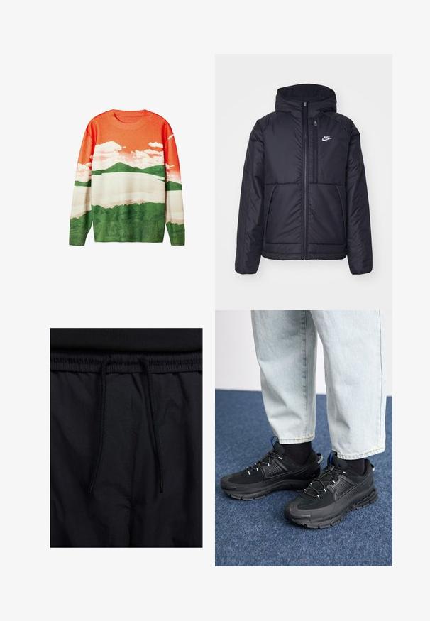 Zwarte, gewatteerde Nike-jas met een voorkant met ritssluiting en capuchon. Kenmerkt zich door een wit logo op de linkerborst en dubbele frontzakken. Gladde buitenkant.; Desigual Trui - orange; Zwarte shorts met een drawstring tailleband, lichtgewicht stof met een zachte textuur en een eenvoudig ontwerp zonder zichtbare logo's of patronen.; Zwarte sportschoenen met gestructureerde stof en rubberen zolen, met elastische veters en een blauwe accent op de hiel. Draag samen met lichte spijkerbroeken.
