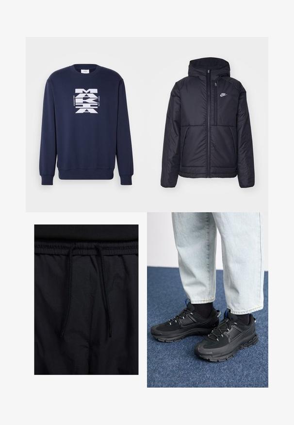 Zwarte, gewatteerde Nike-jas met een voorkant met ritssluiting en capuchon. Kenmerkt zich door een wit logo op de linkerborst en dubbele frontzakken. Gladde buitenkant.; Marineblauwe sweatshirt van katoen, met een grote witte grafische print op de voorkant. Lange mouwen met geribde boorden en onderrand.; Zwarte shorts met een drawstring tailleband, lichtgewicht stof met een zachte textuur en een eenvoudig ontwerp zonder zichtbare logo's of patronen.; Zwarte sportschoenen met gestructureerde stof en rubberen zolen, met elastische veters en een blauwe accent op de hiel. Draag samen met lichte spijkerbroeken.