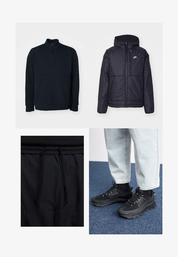 Casaco Nike preto, acolchoado, com fecho à frente e capuz. Apresenta um logo branco no lado esquerdo do peito e dois bolsos frontais. Textura exterior lisa.; Sweatshirt preto de pulôver com gola alta, zíper 1/4, mangas longas e um acabamento texturizado; apresenta uma costura horizontal ao longo do peito.; Calções pretos com um cós elástico ajustável, fabricados em tecido leve com uma textura suave e um design simples, sem logótipos ou padrões visíveis.; Sapatilhas desportivas pretas com tecido texturizado e solas em borracha, apresentando atacadores elásticos e um detalhe azul no calcanhar. Usadas com calças de ganga claras.