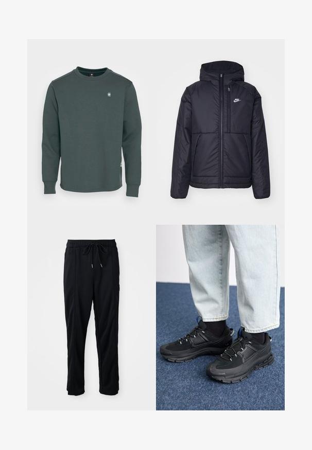 Casaco Nike preto, acolchoado, com fecho à frente e capuz. Apresenta um logo branco no lado esquerdo do peito e dois bolsos frontais. Textura exterior lisa.; G-STAR LASH - Camisola - olive; Calças casuais pretas com cordão na cintura, com bolsos laterais e corte reto, sobre um fundo simples.; Sapatilhas desportivas pretas com tecido texturizado e solas em borracha, apresentando atacadores elásticos e um detalhe azul no calcanhar. Usadas com calças de ganga claras.
